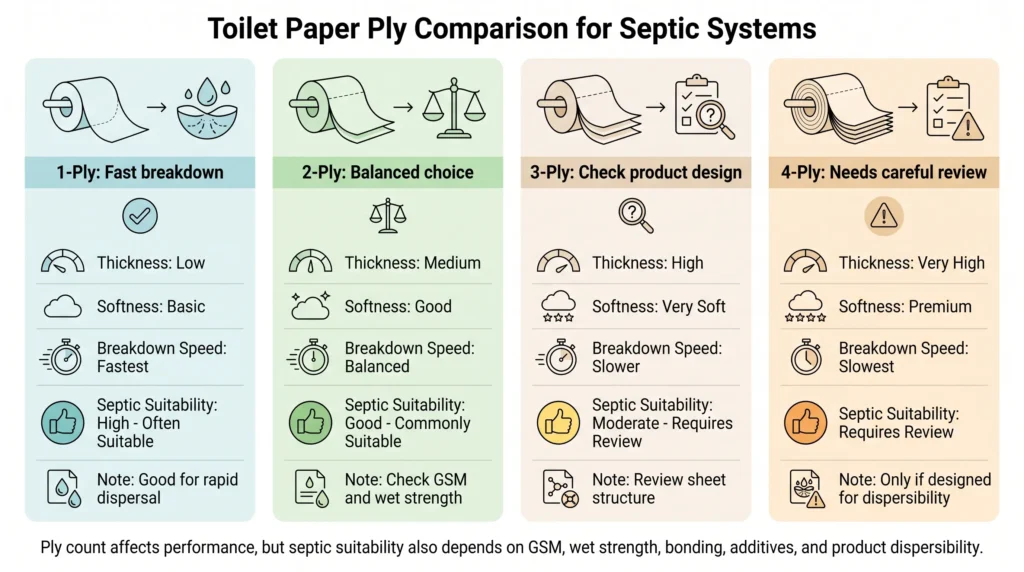 Toilet paper ply comparison for septic systems showing 1-ply 2-ply 3-ply and 4-ply options