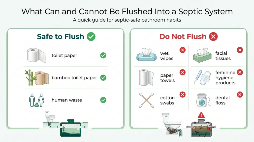 What can and cannot be flushed into a septic system including toilet paper wet wipes paper towels and facial tissues