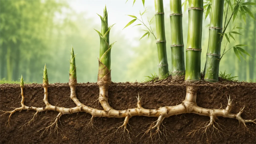 Bamboo culm and tree trunk comparison showing the structural difference between bamboo and trees