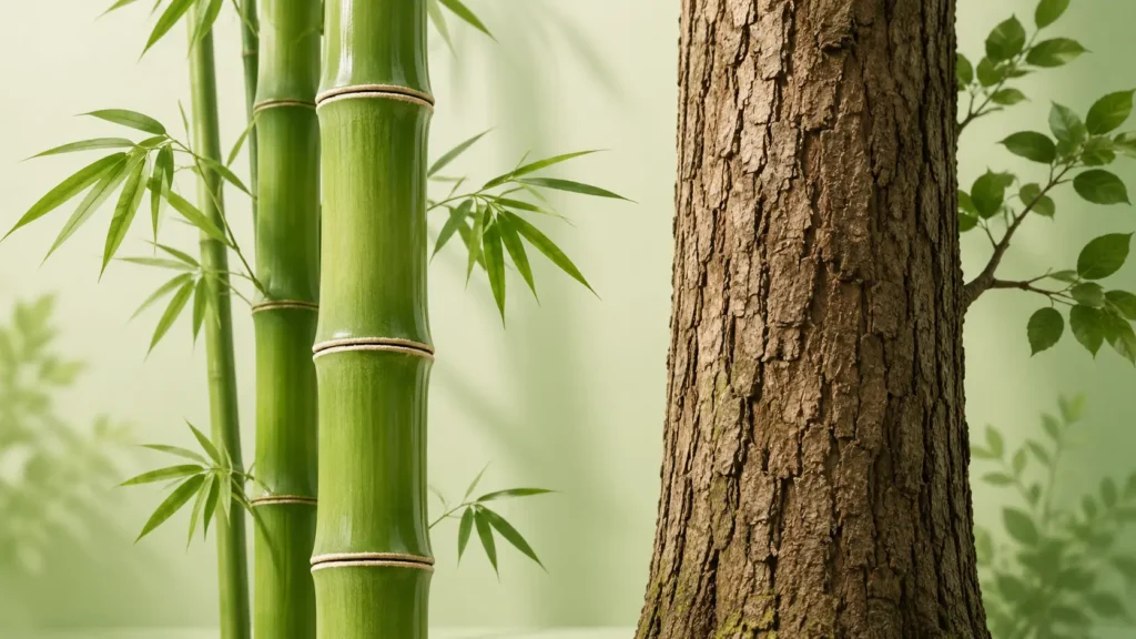 Bamboo shown as a tall woody grass in the grass family Poaceae