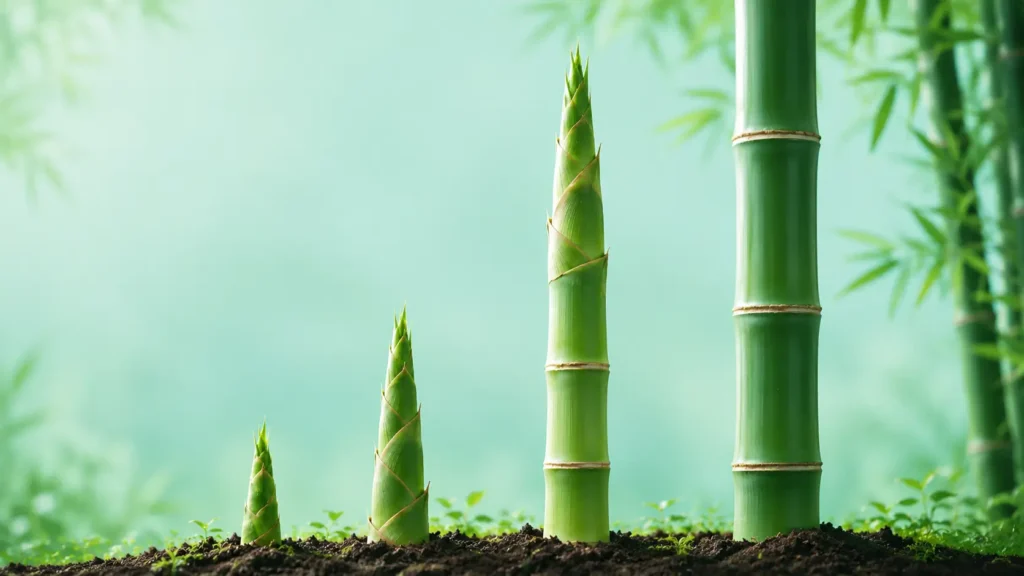 Bamboo shoot growth stages from young shoot to mature bamboo culm