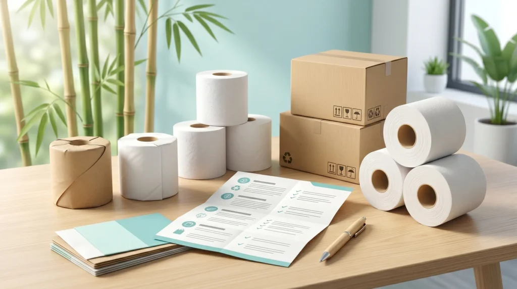 B2B bamboo toilet paper sourcing review with packaging samples and product specifications