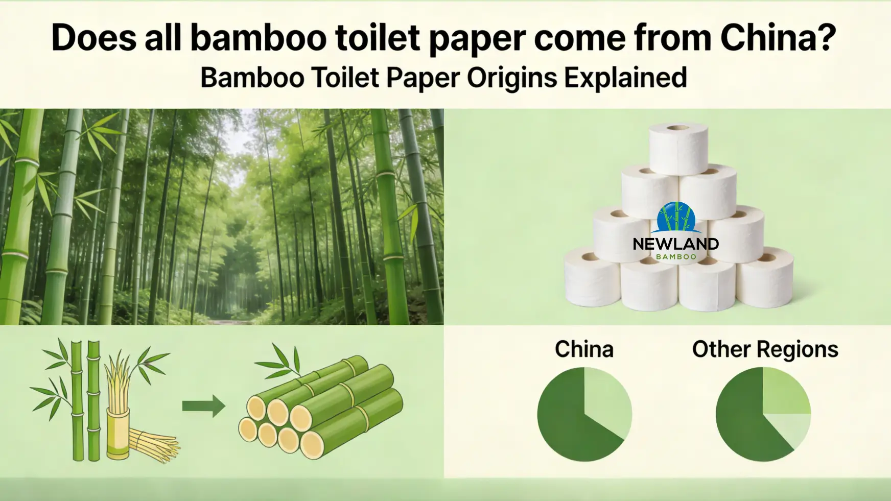 左が竹林、右が竹の加工、そして中国とその他の地域の生産シェアを円グラフで表した、竹トイレットペーパーの起源を説明するイラスト。.