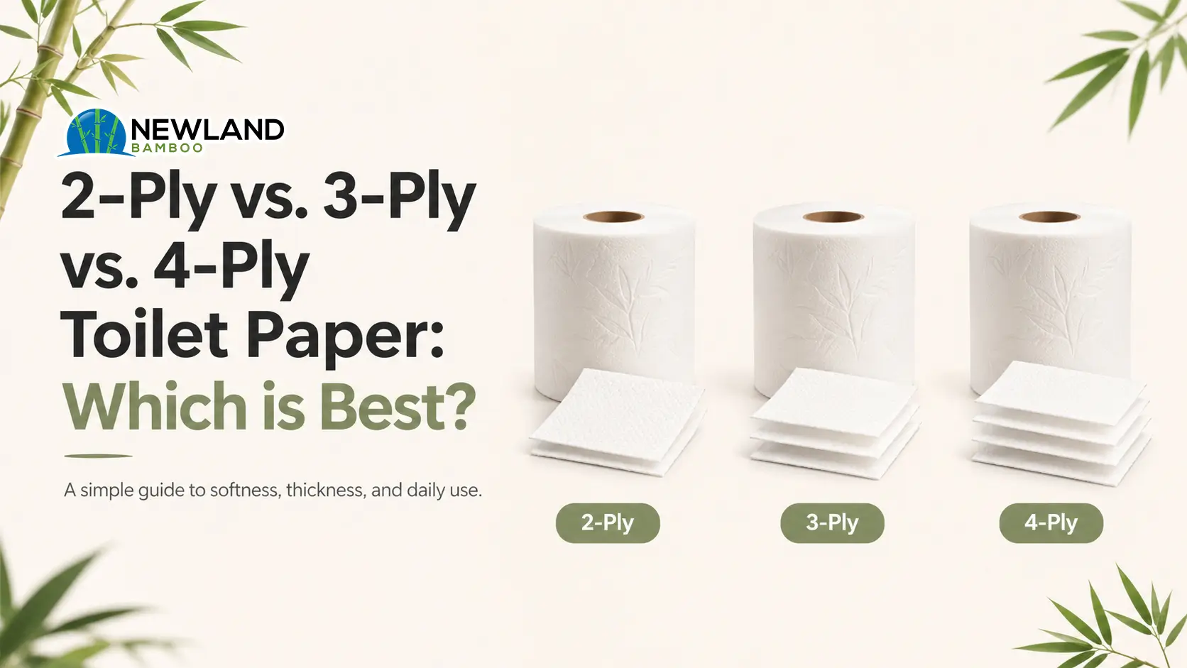 2プライ、3プライ、4プライのトイレットペーパーを比較し、柔らかさの厚みと日常使いの違いを示す