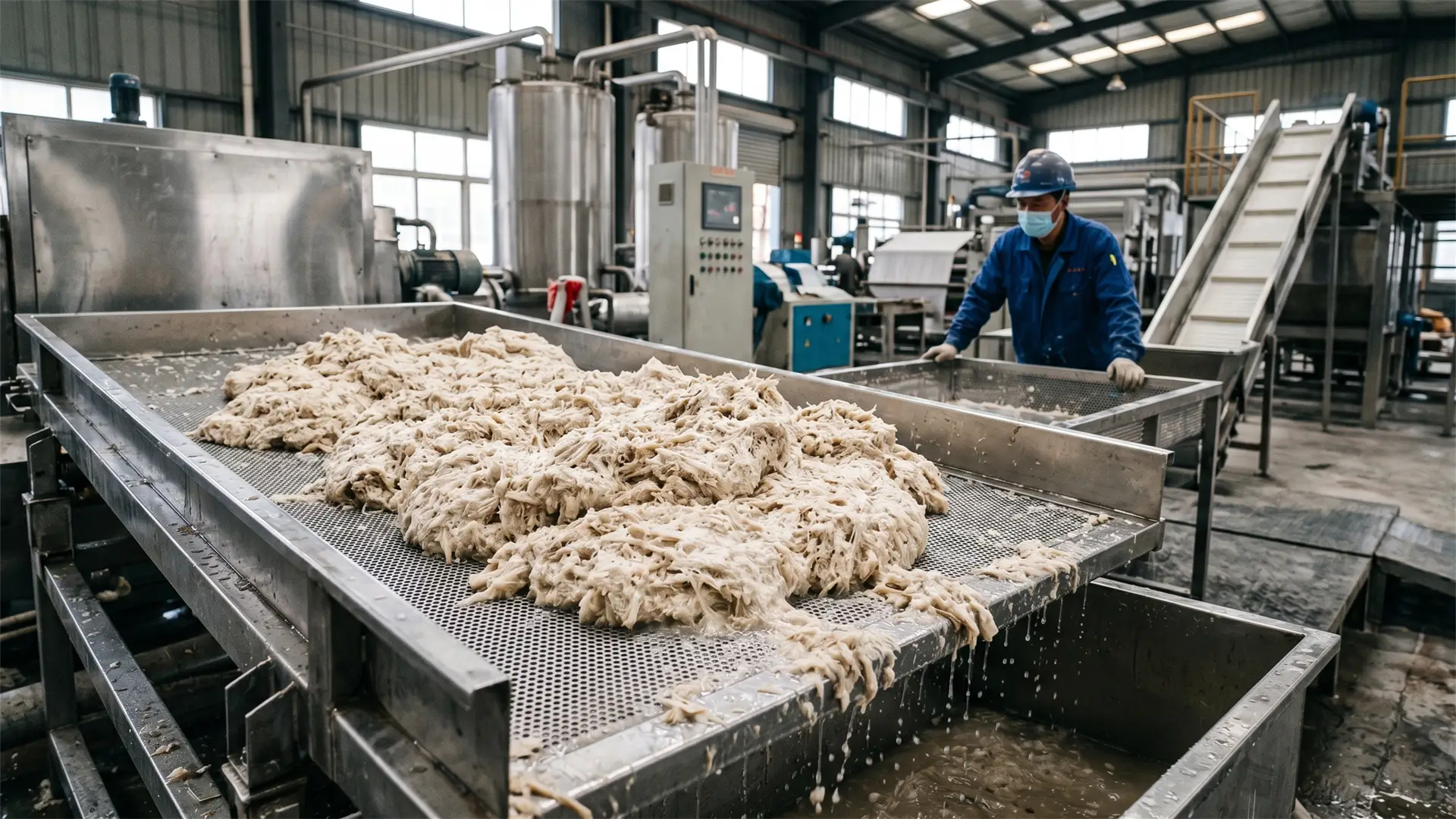 Bamboo fibers being processed into pulp in step 4 of the bamboo tissue manufacturing process