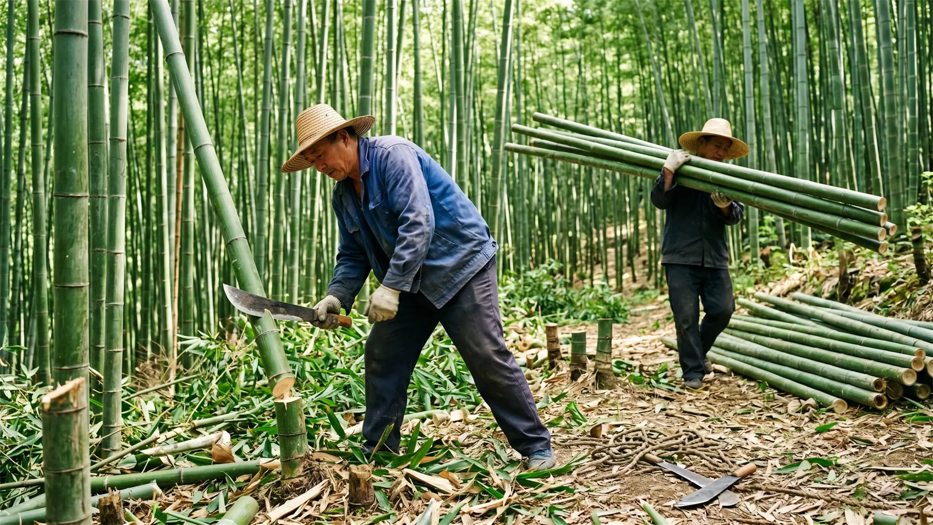Workers harvesting mature bamboo in step 2 of the bamboo tissue manufacturing process