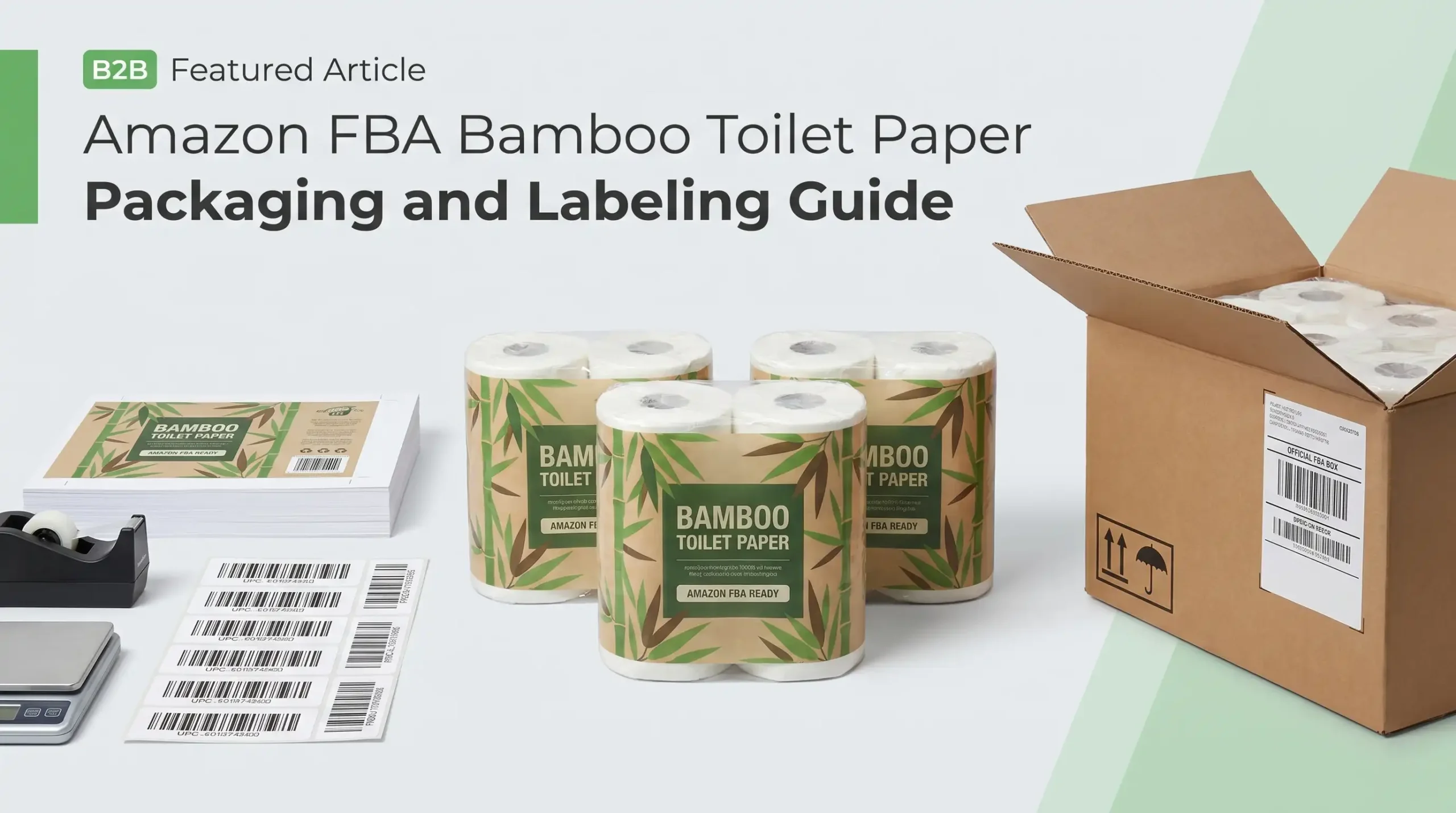 Amazon FBA bamboo toilet paper packaging guide with retail packs, cartons, and barcode labels