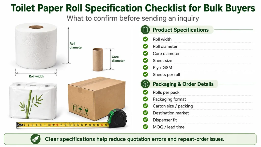 Toilet paper roll specification checklist for bulk buyers including width, diameter, core size, ply, GSM, sheet count, packaging, and carton packing