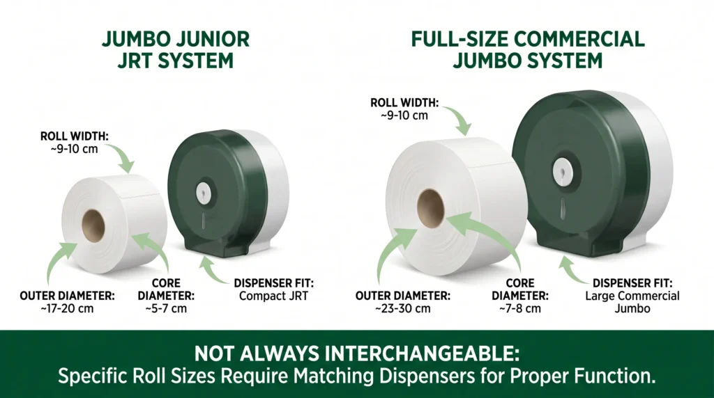 JRT and commercial jumbo toilet paper roll dispenser fit comparison for public restrooms
