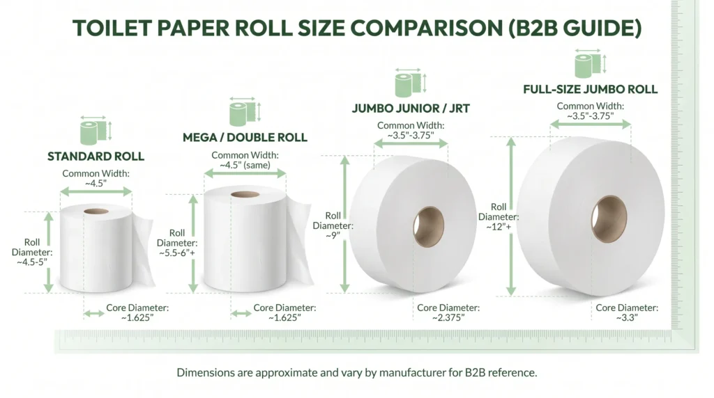 Standard, mega, jumbo junior, and full-size jumbo toilet paper roll size comparison