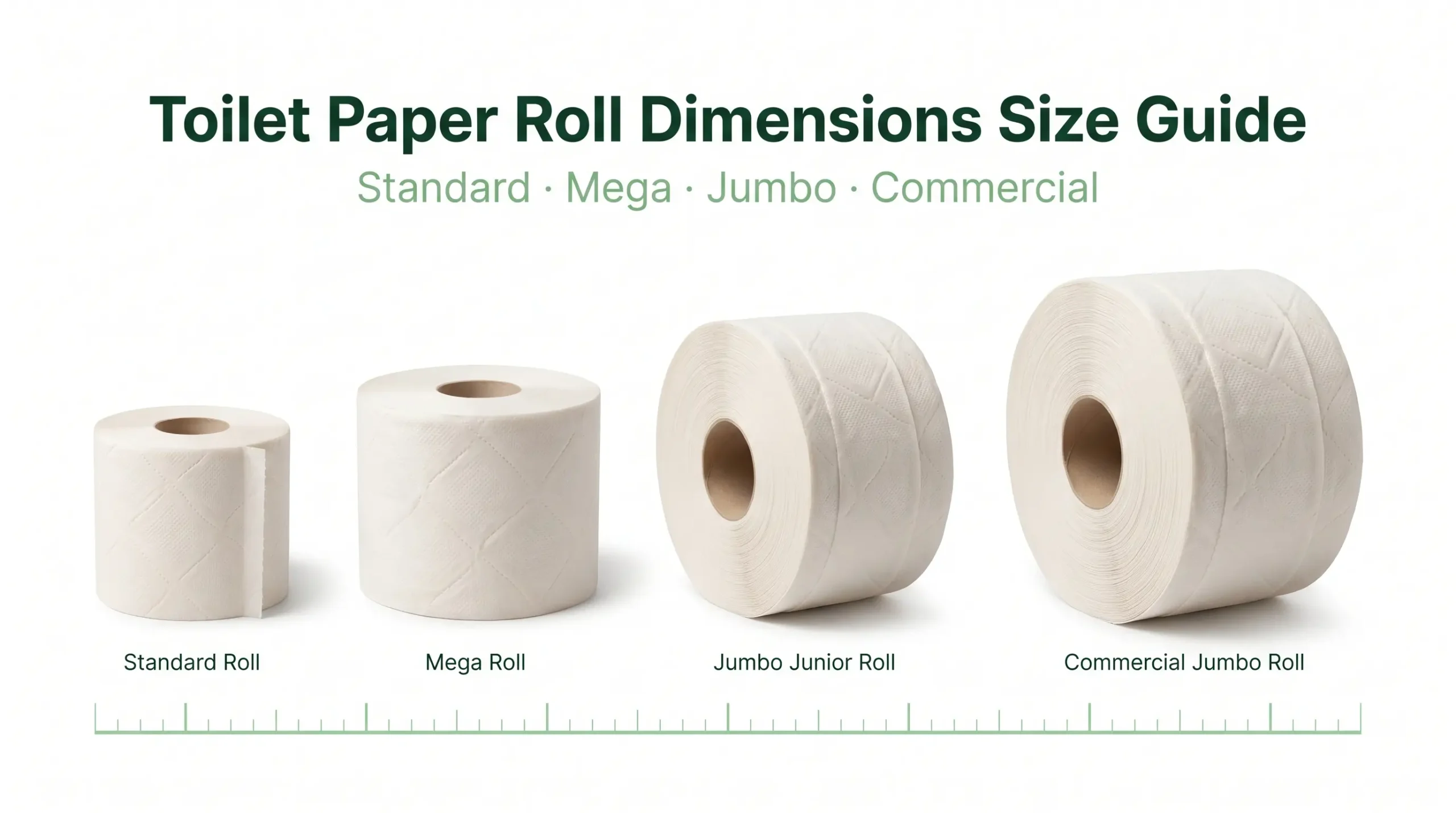 Toilet paper roll dimensions guide showing standard, mega, jumbo, and commercial roll sizes