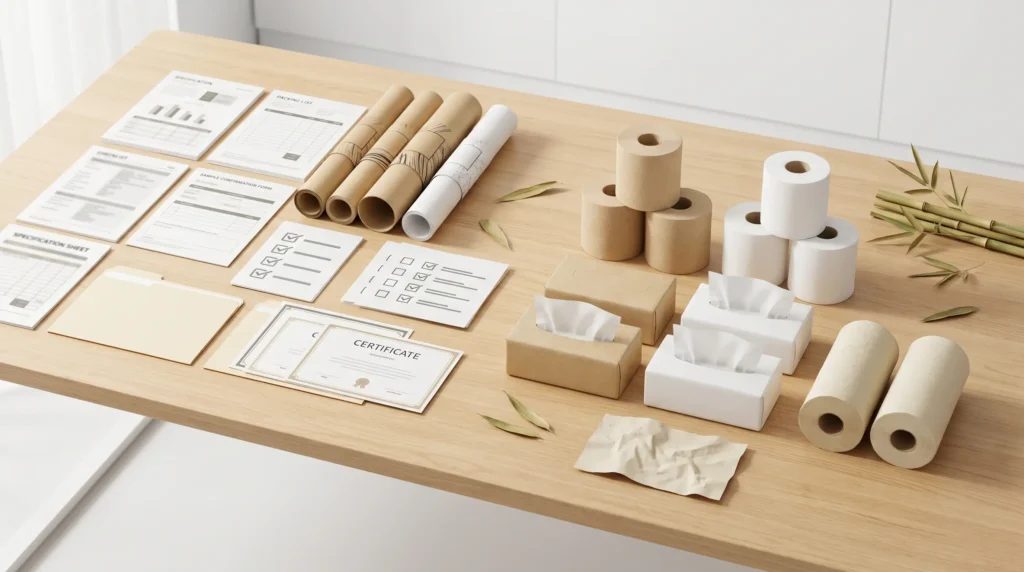 B2B buyer evaluation scene with bamboo tissue samples, packaging options, specifications, and claim documents