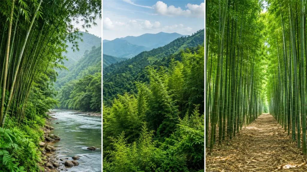 Bamboo habitats including riverbanks, mountain slopes and managed bamboo groves