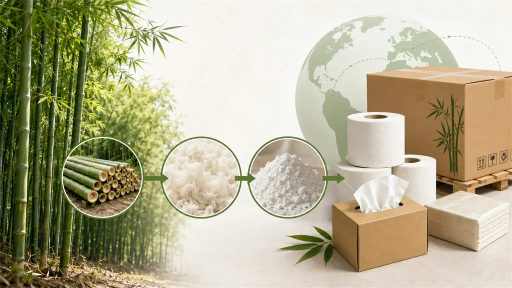 Bamboo raw material, pulp and tissue products for B2B paper sourcing