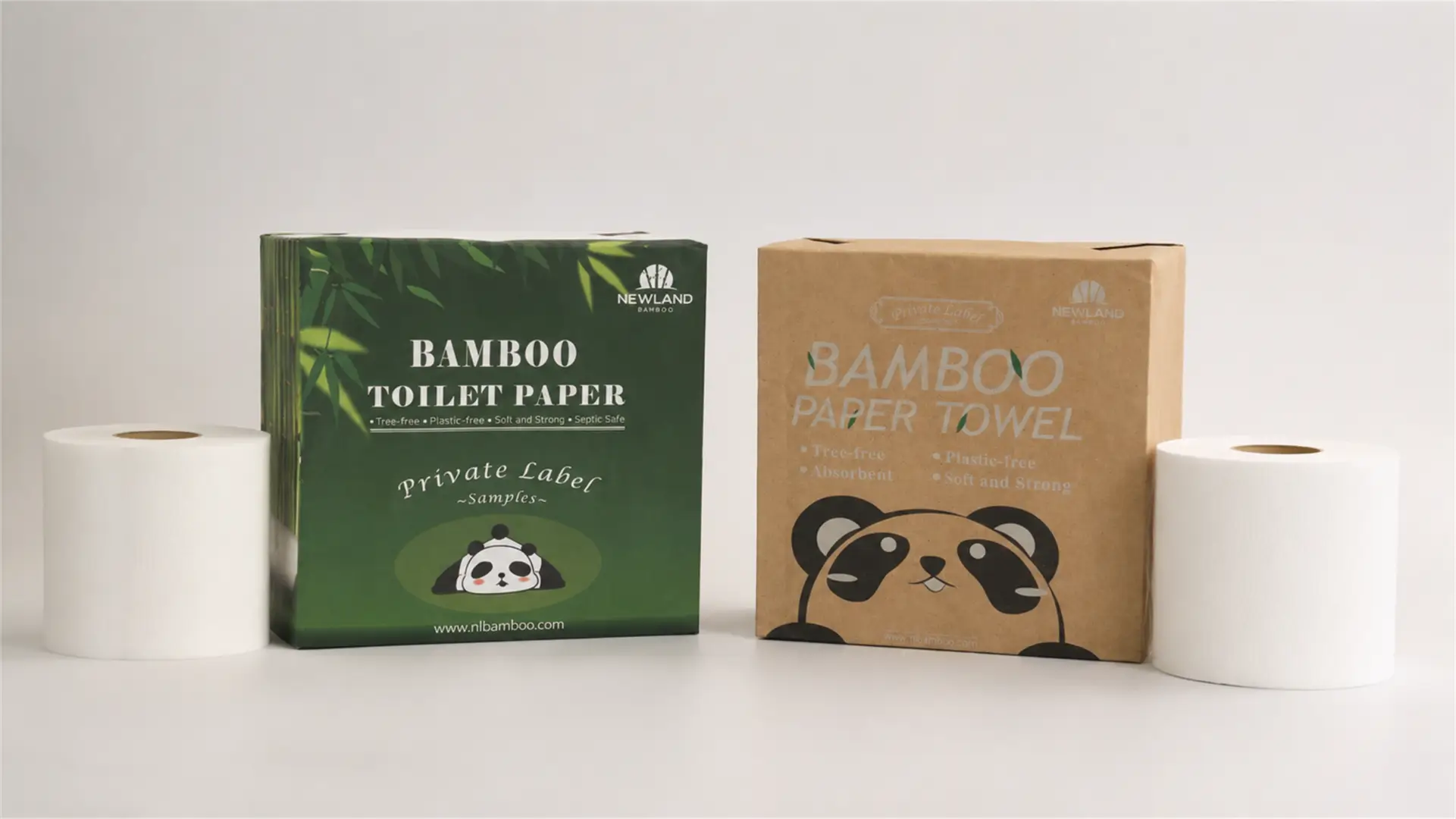 環境に配慮したプライベートブランド向けパッケージとして、竹製トイレットペーパーのクラフト紙パックと白紙パックの2種類をご用意しています
