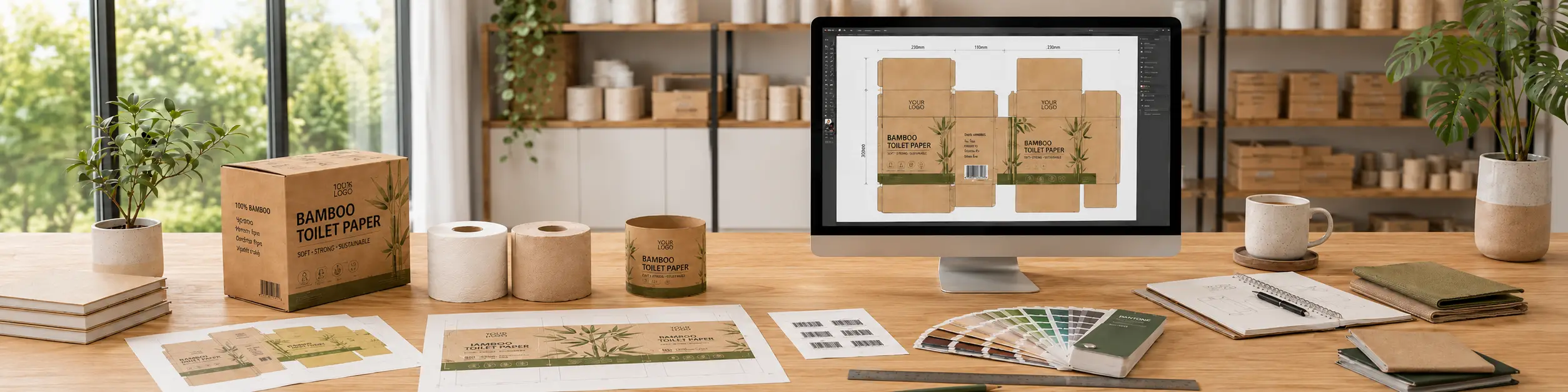Bamboo toilet paper packaging artwork review with carton dieline, copy paper wrap design, color swatches, barcode sheet, and OEM sample products on a workspace.