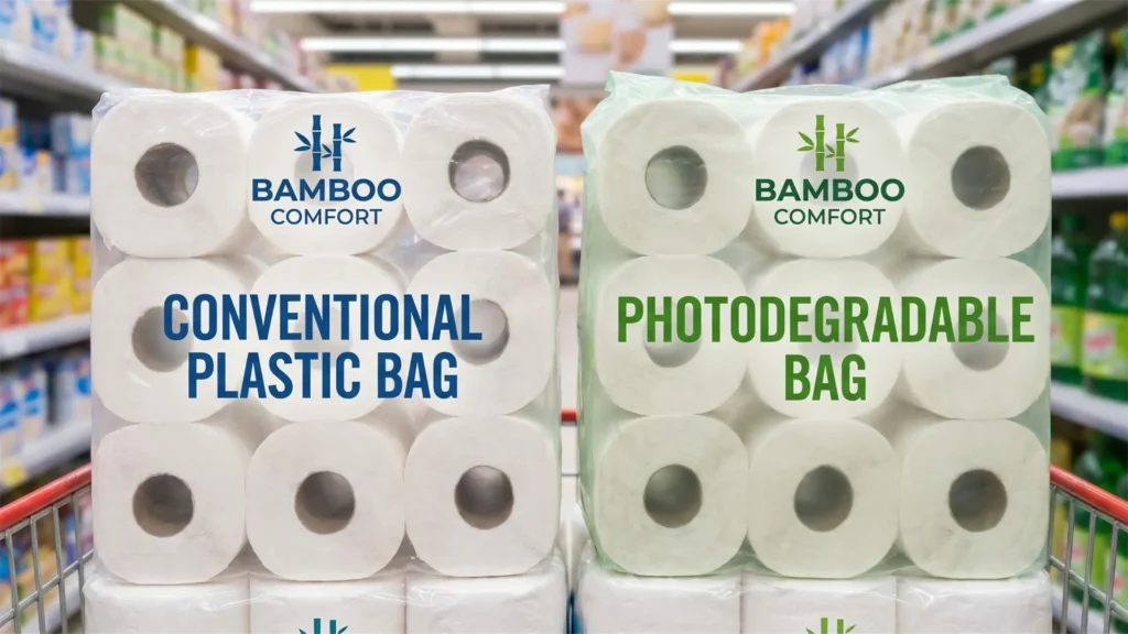 Bamboo toilet paper plastic bag packaging for retail packs, ecommerce packs, and wholesale supply