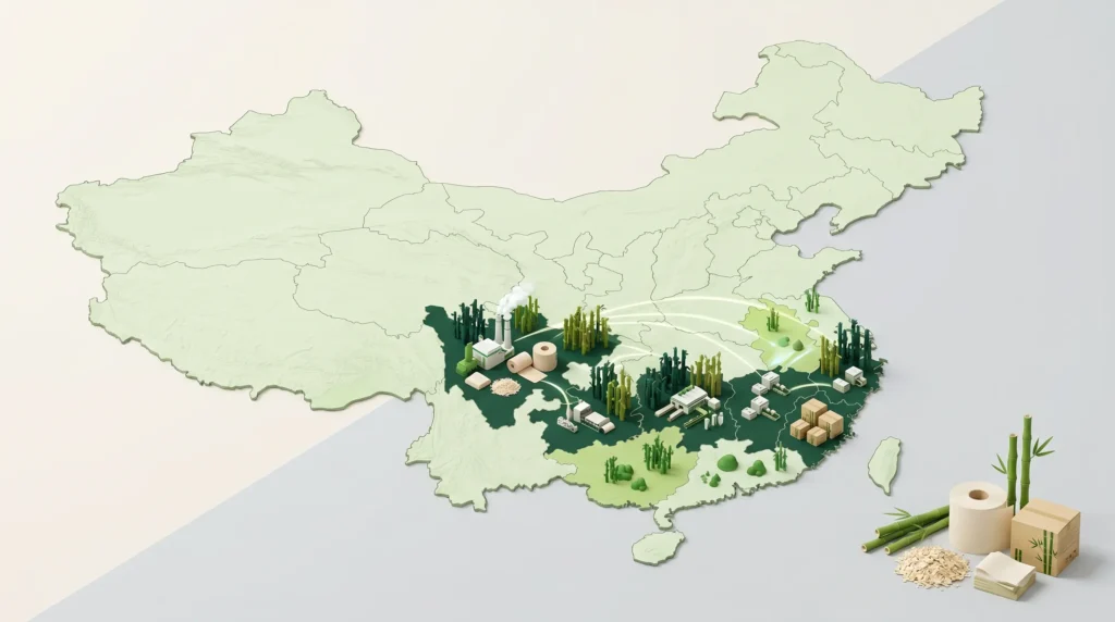 China bamboo regions showing different roles in bamboo processing, branding, pulp, and tissue supply