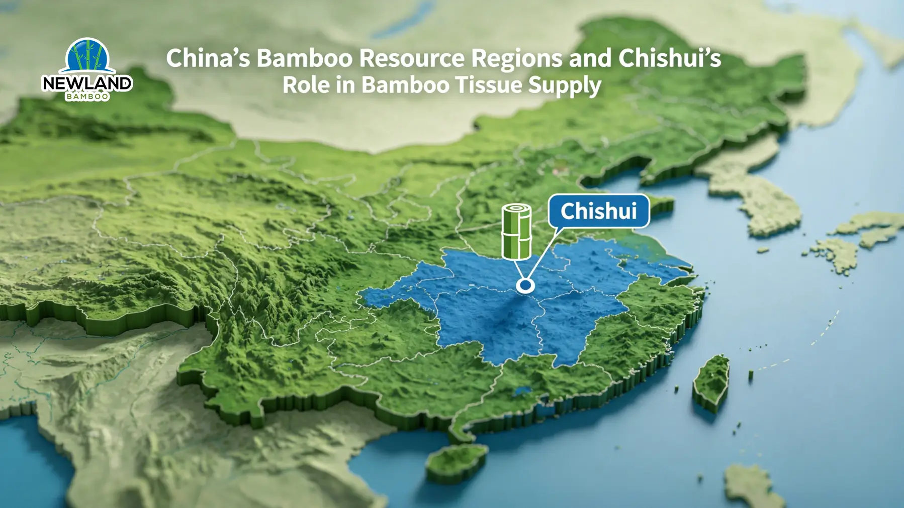 China bamboo resource regions with Chishui in Guizhou connected to bamboo pulp, parent roll, and finished bamboo tissue supply