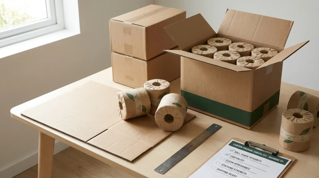 Plastic-free bamboo toilet paper packaging test with cartons rolls and packaging samples