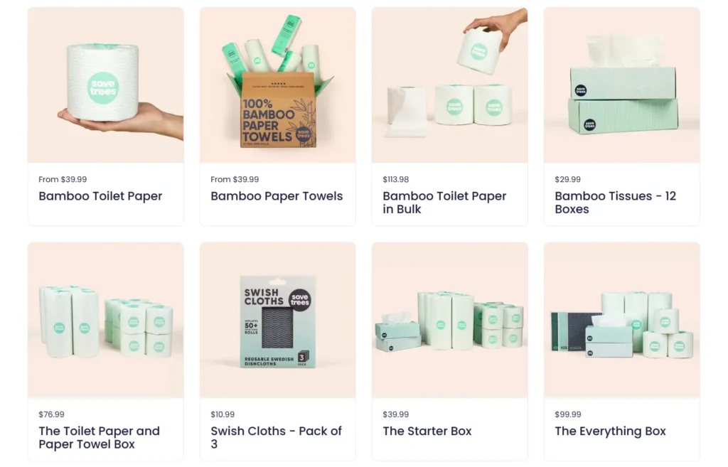 Save Trees product collection showing bamboo toilet paper paper towels tissues bundles and bulk products