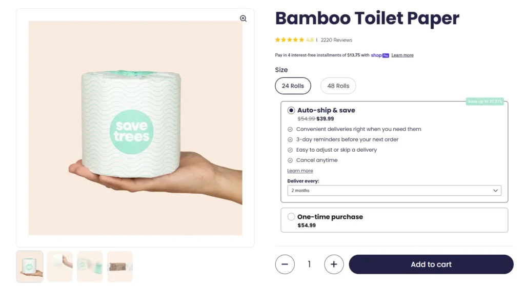 Save Trees bamboo toilet paper product page showing roll options and auto-ship subscription