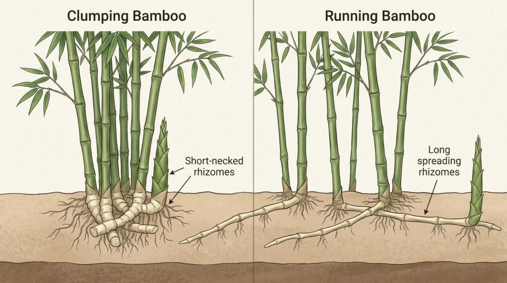 Side-by-side soil diagram comparing short clumping bamboo rhizomes with long spreading running bamboo rhizomes