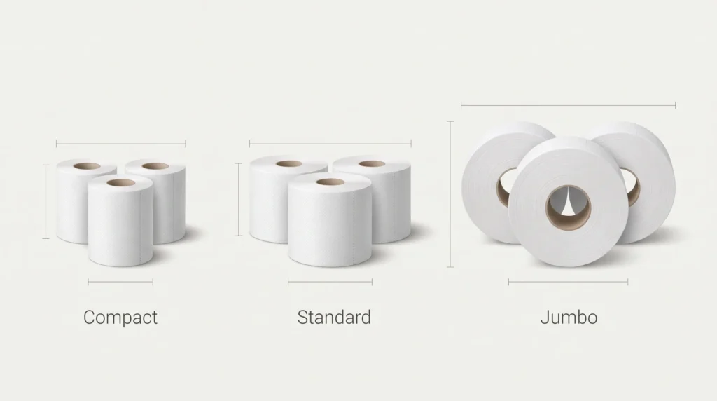 Visual comparison of compact, standard, and jumbo toilet paper roll formats.
