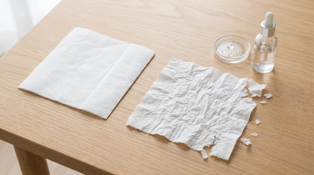Toilet paper strength test showing dry paper and water-damaged paper after drying.