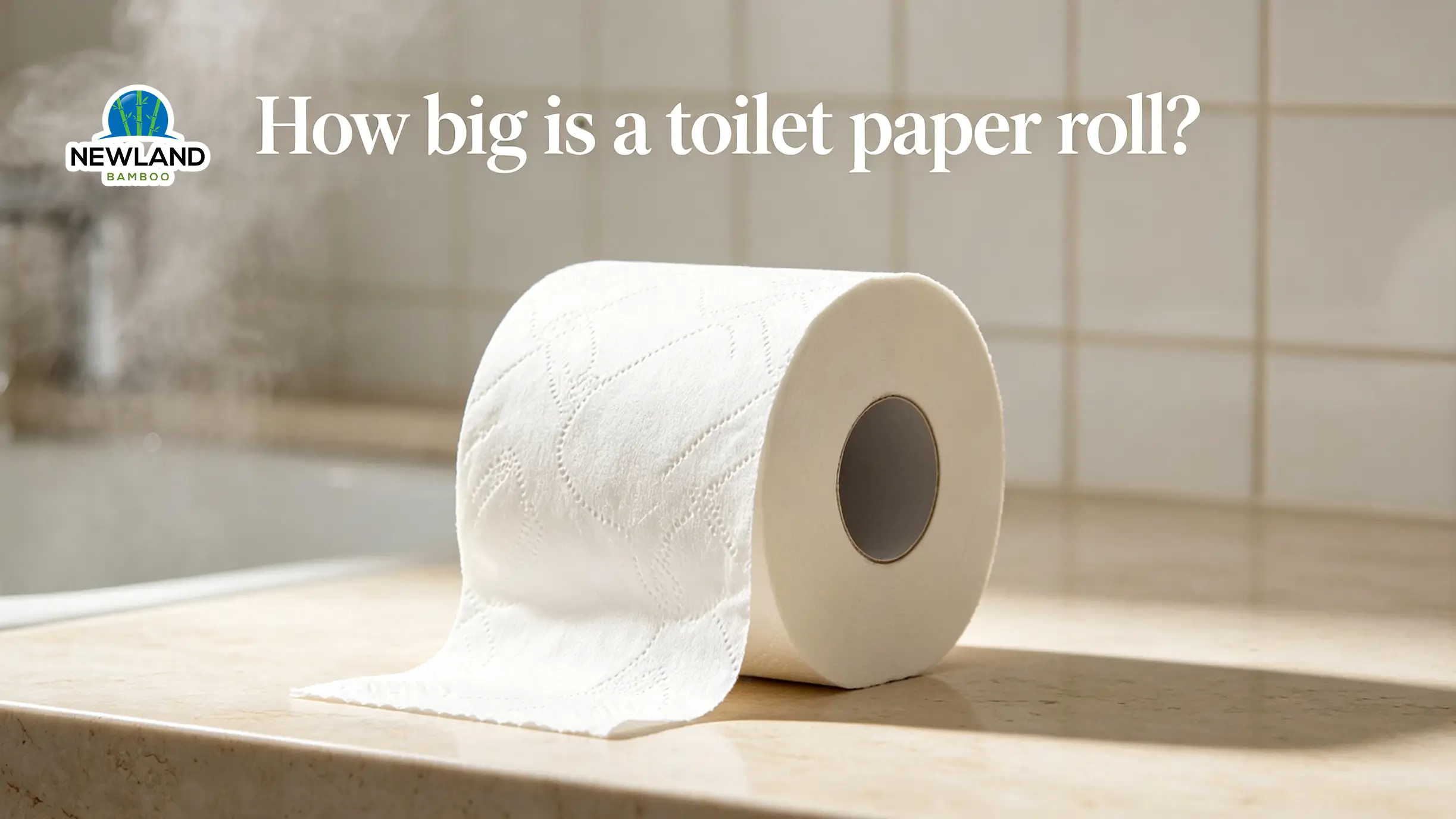 Eine Haushaltsrolle Toilettenpapier auf einer Badezimmerablage mit dem Titel Wie groß ist eine Toilettenpapierrolle.