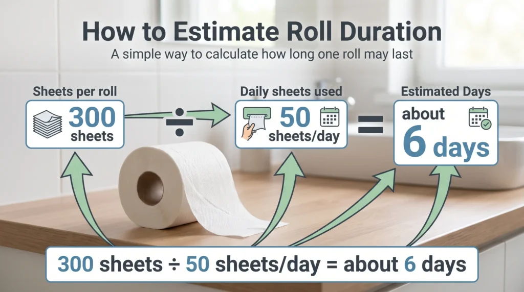 Infographic showing how to estimate toilet paper roll duration using 300 sheets divided by 50 sheets per day