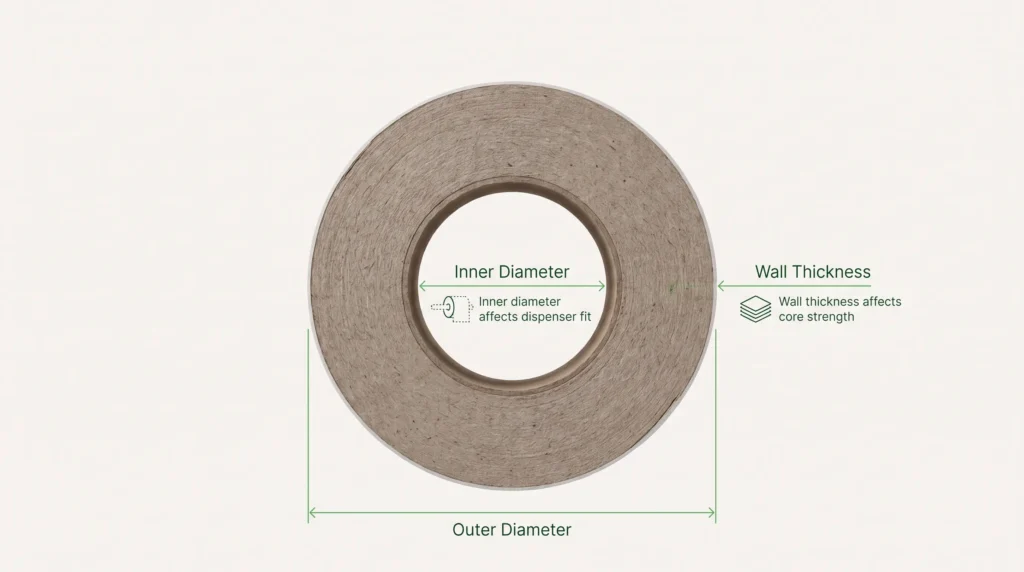 Toilet paper core comparison showing inner diameter, outer diameter, and wall thickness for dispenser fit and tube strength