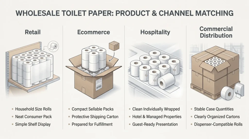 Diagram comparing toilet paper formats and packaging for retail, ecommerce, hospitality, and commercial distribution.
