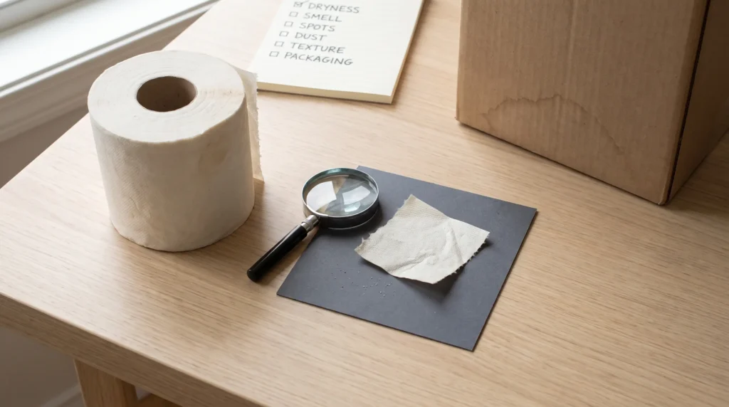 Old toilet paper inspection for moisture, odor, mold spots, dust, texture, and packaging damage.