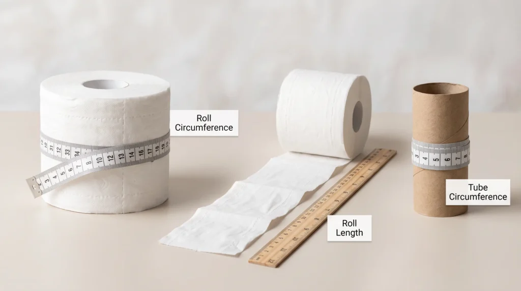 Diagram comparing toilet paper roll circumference, total roll length and tube circumference.