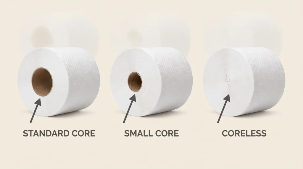 Standard core small core and coreless toilet paper structure comparison showing different roll center formats