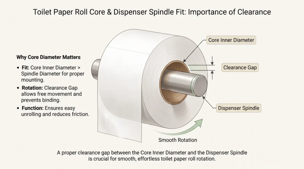 Toilet paper core diameter dispenser fit diagram showing spindle clearance and smooth roll rotation