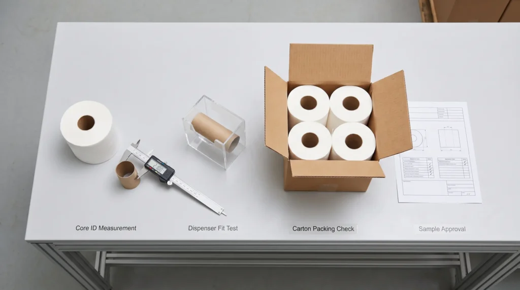 Toilet paper core sample approval showing caliper measurement, dispenser test, and carton packing evidence