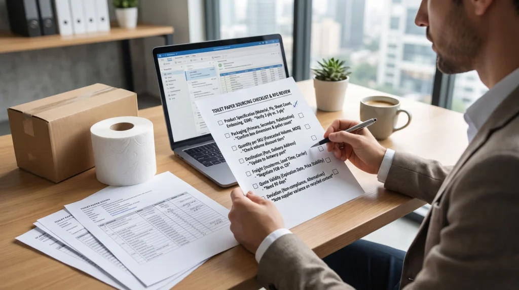 B2B buyer reviewing a toilet paper RFQ checklist with specification, packaging, quantity, freight, validity, and deviation fields