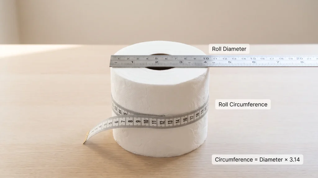 Diagram showing toilet paper roll circumference calculated from outside roll diameter.