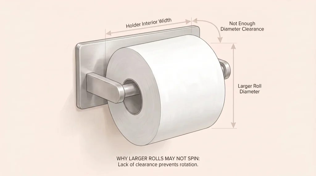 Toilet paper roll holder fit check showing how larger roll diameter can reduce clearance and stop the roll from spinning