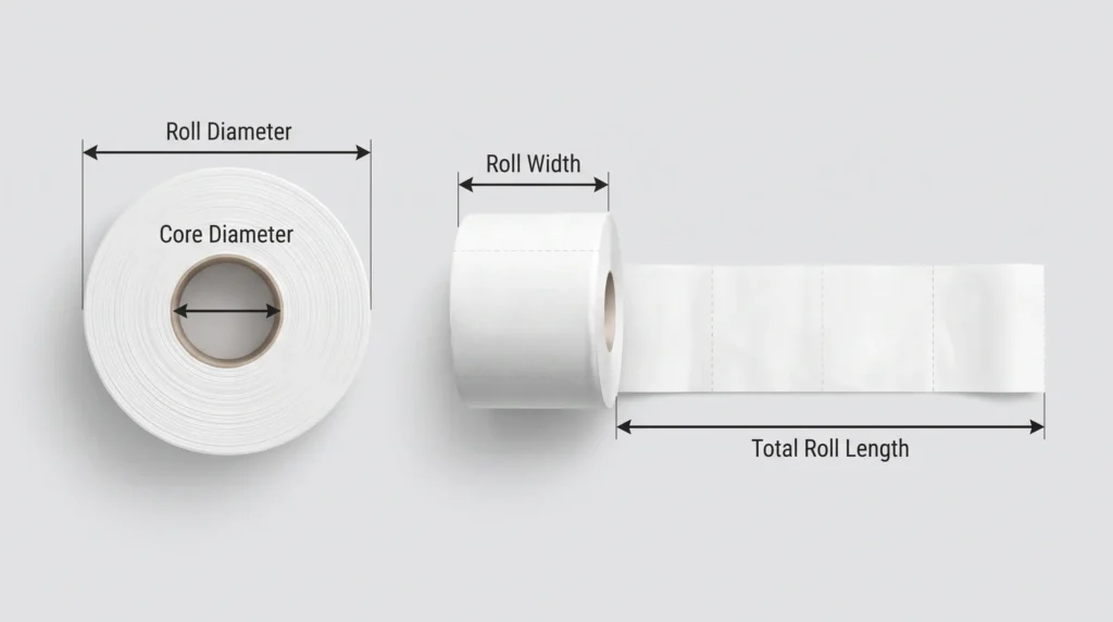 Diagram comparing toilet paper roll length, roll diameter, roll width and core diameter.