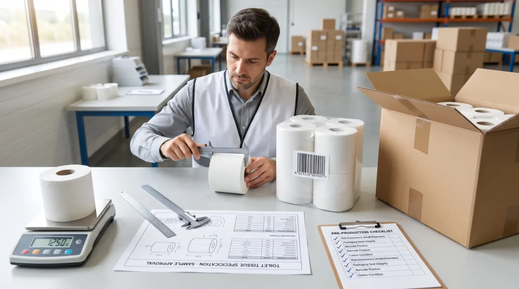 Quality reviewer checking a toilet paper roll, retail pack, barcode, carton, and specification sheet before production.