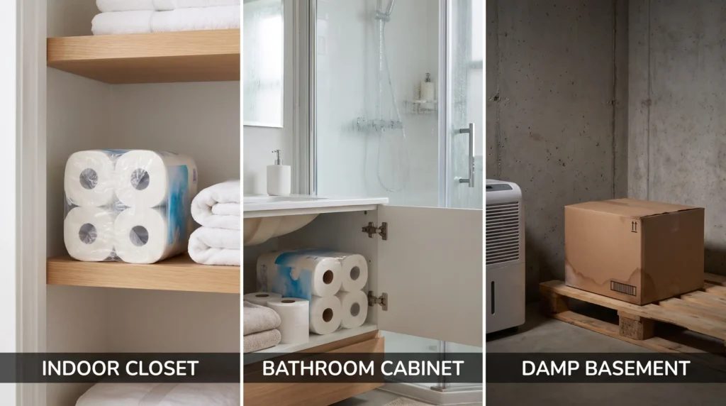 Different toilet paper storage conditions showing dry indoor storage, bathroom cabinet storage, and damp garage storage.