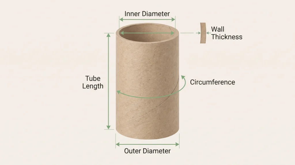 Toilet paper tube size diagram showing tube length, inner diameter, outer diameter, wall thickness, and circumference