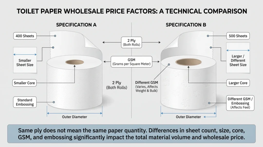 Technical comparison of toilet paper sheet count, GSM, sheet size, core diameter, and embossing
