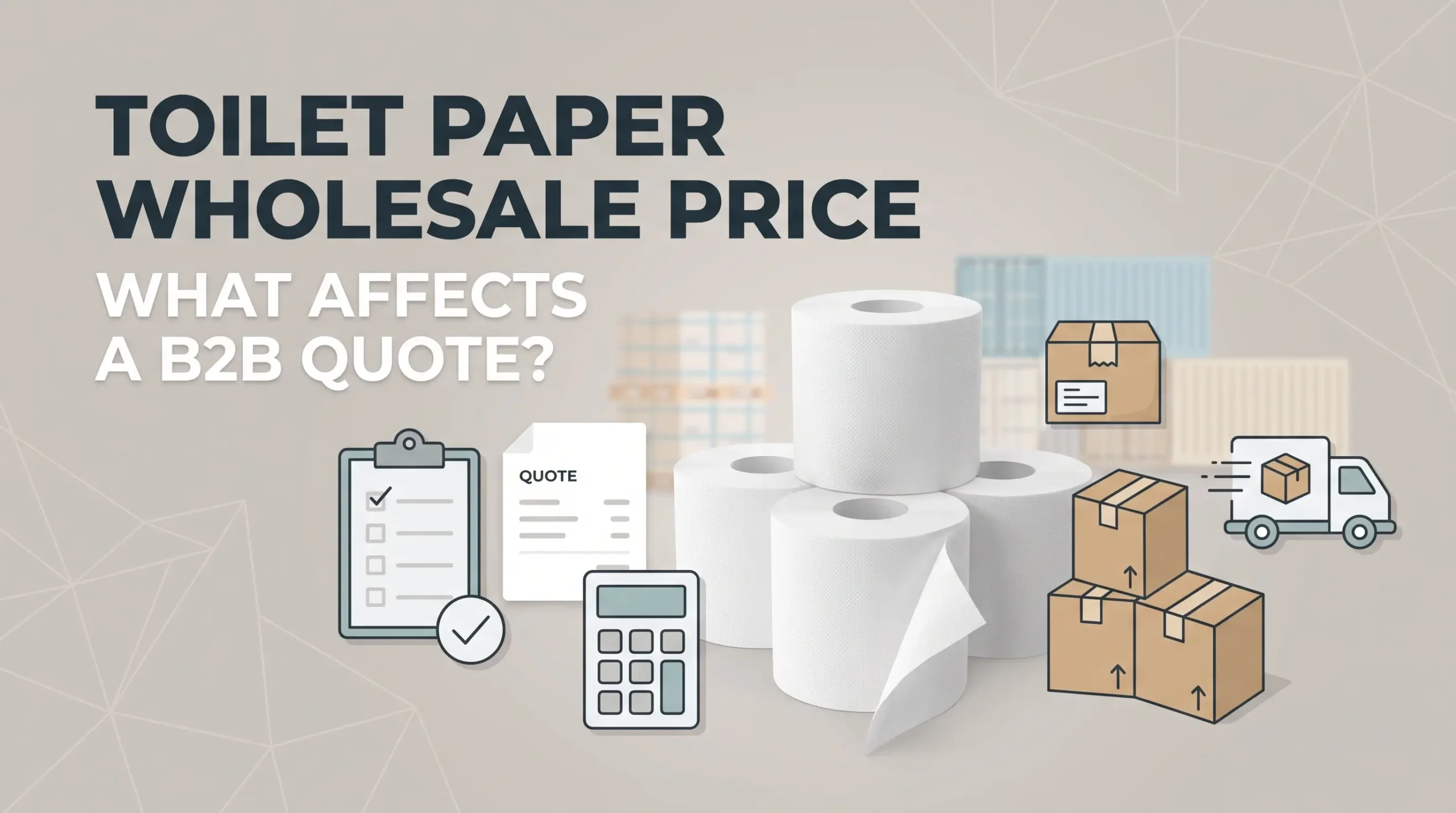 Rouleaux de papier toilette avec icônes de devis, d'emballage, de quantité et de livraison illustrant un devis de prix de gros B2B