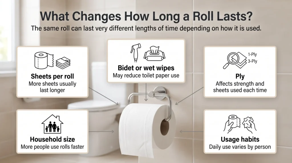 Infographic showing factors that affect how long a roll of toilet paper lasts, including sheets per roll, ply, household size, usage habits, and bidet use