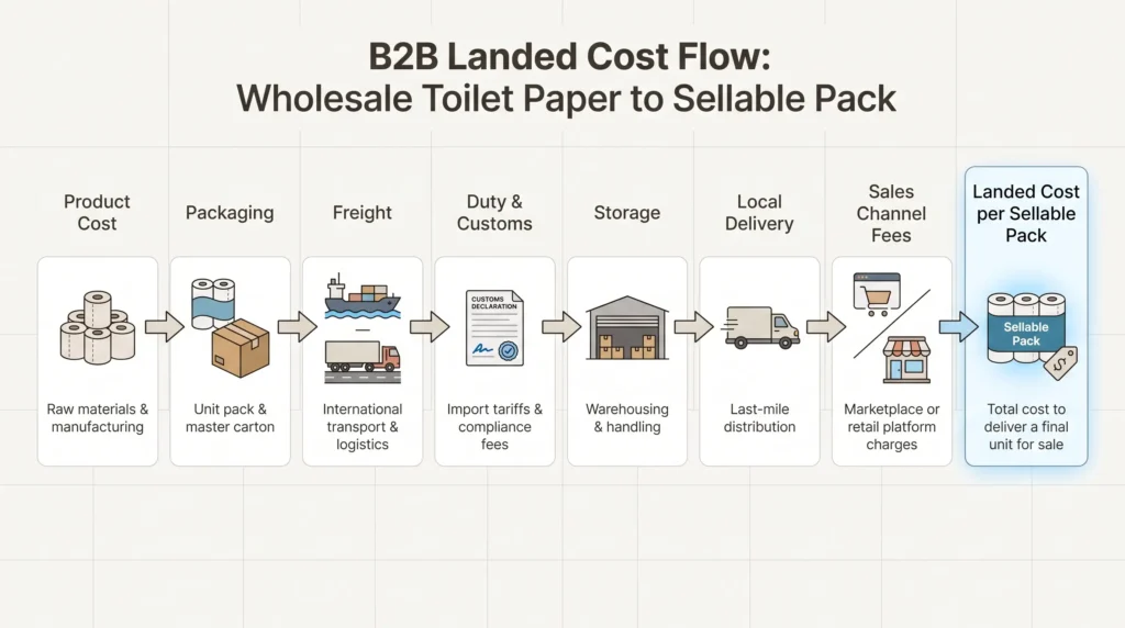 Flow diagram showing product, packaging, freight, customs, storage, local delivery, and sales channel fees in toilet paper landed cost.