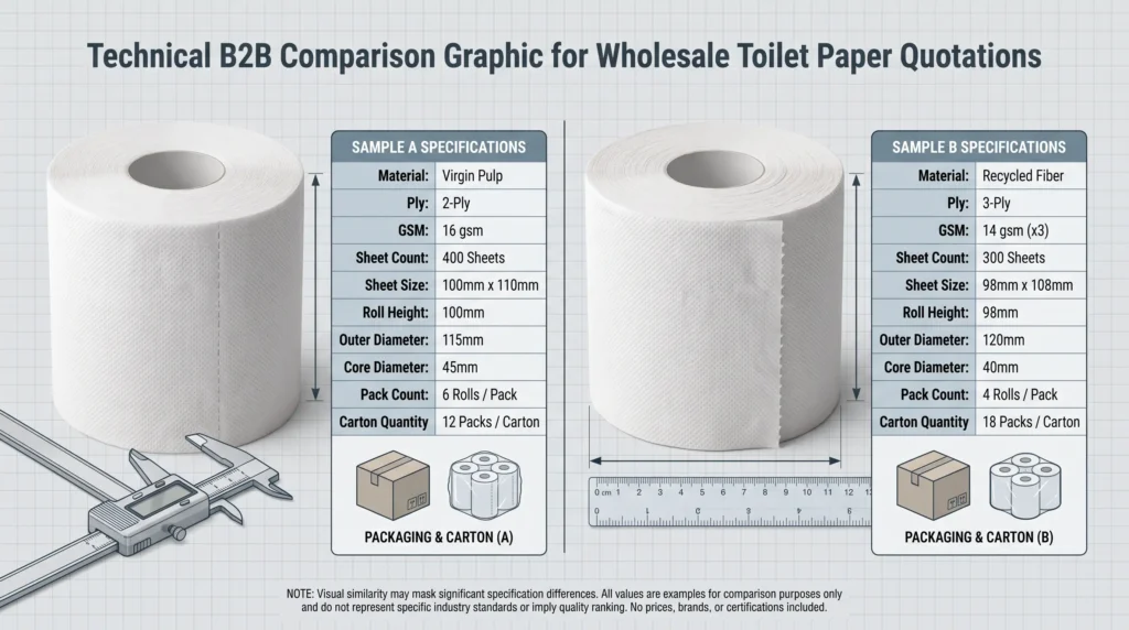 Side-by-side comparison of toilet paper samples and quote fields including ply, GSM, sheet count, roll dimensions, core, pack, and carton.